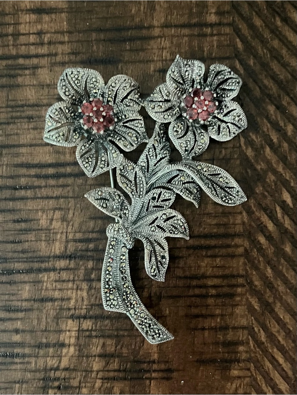CFJ Large Marcasite & Garnet Floral Brooch By Carol Brodie 925 Sterling Silver